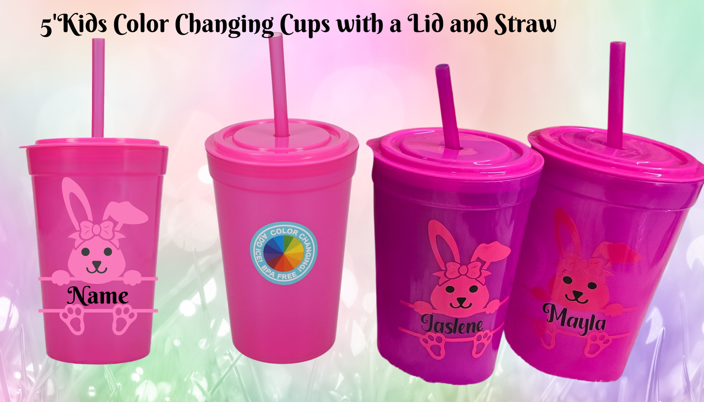 5" Blue Kids Color Changing Cup with Lid and Straw — Personalized Easter Bunny