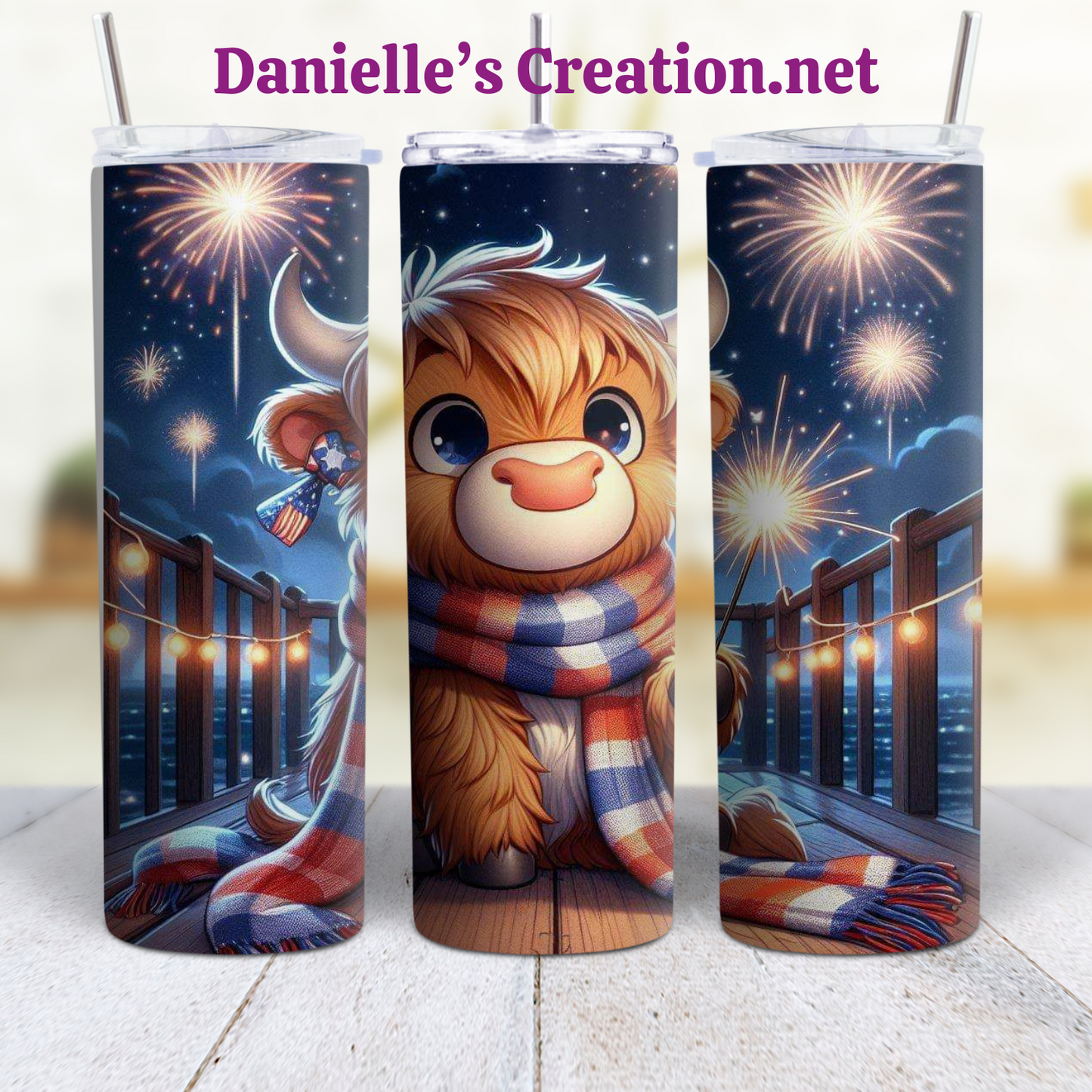 HIGHLAND COW 4 TH OF JULY 20 oz Custom Sublimation Tumbler Stainless Steel FIREWORKS, Flag, Independence Day