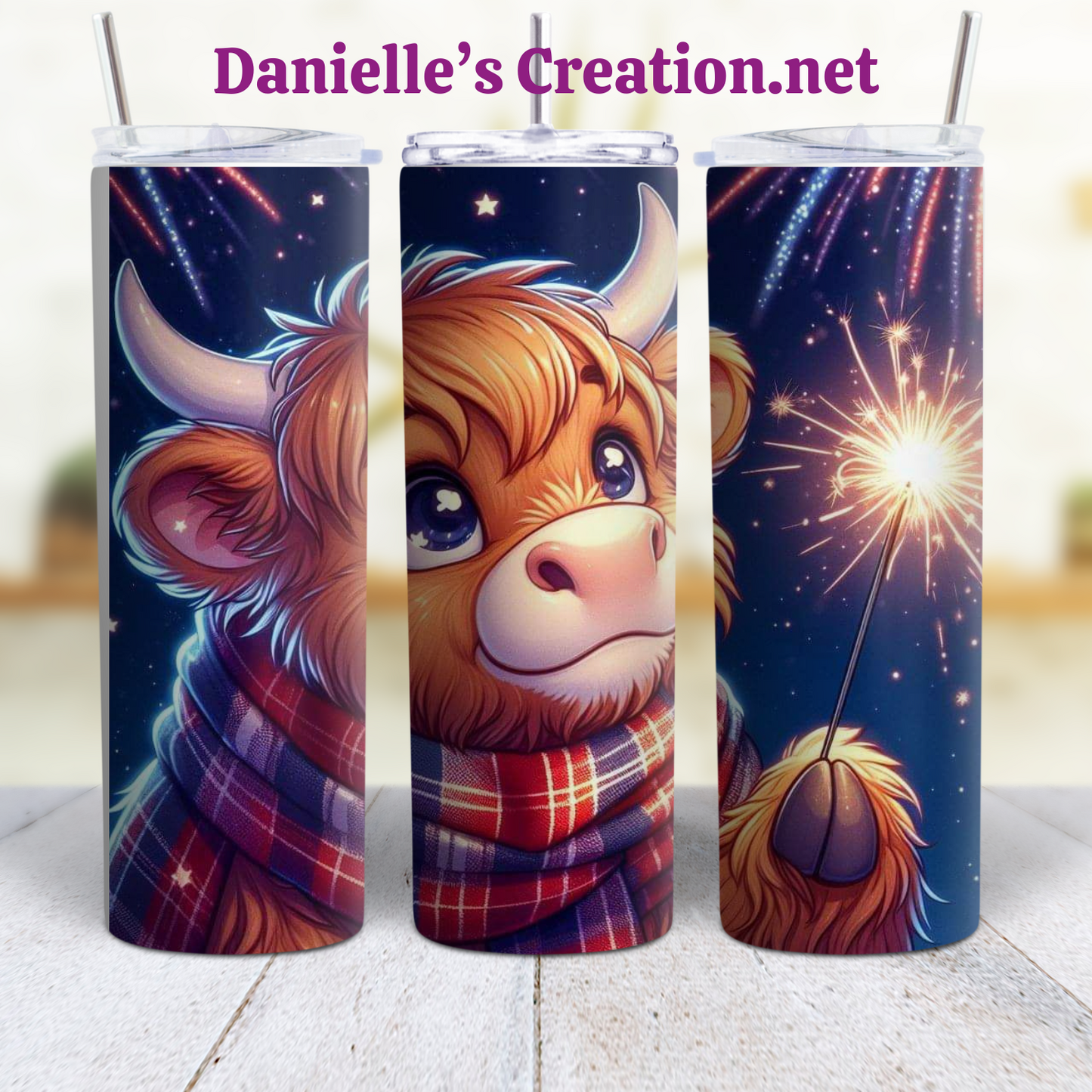 HIGHLAND COW 4 TH OF JULY 20 oz Custom Sublimation Tumbler Stainless Steel FIREWORKS, Flag, Independence Day