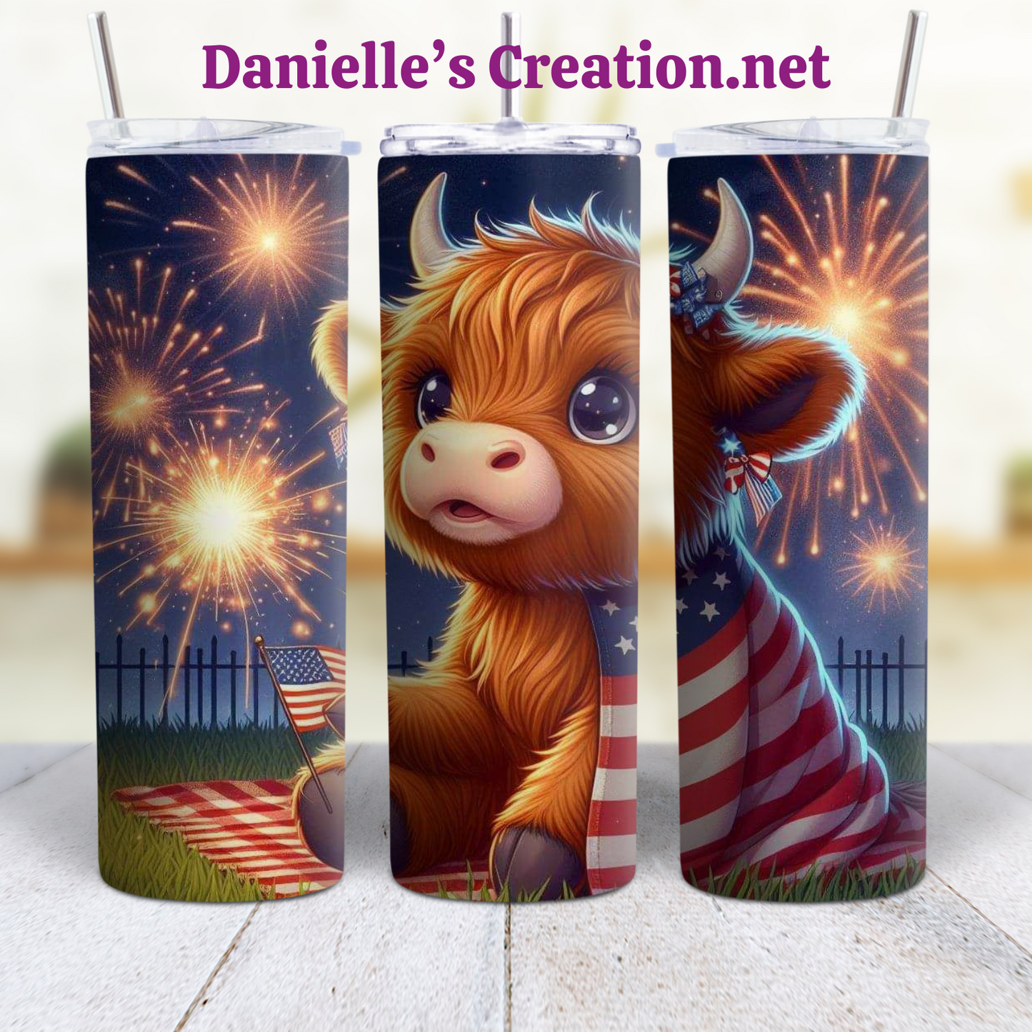 HIGHLAND COW 4 TH OF JULY 20 oz Custom Sublimation Tumbler Stainless Steel FIREWORKS, Flag, Independence Day