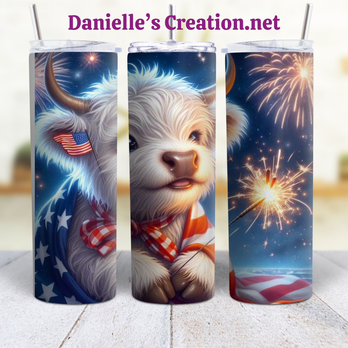 HIGHLAND COW 4 TH OF JULY 20 oz Custom Sublimation Tumbler Stainless Steel FIREWORKS, Flag, Independence Day