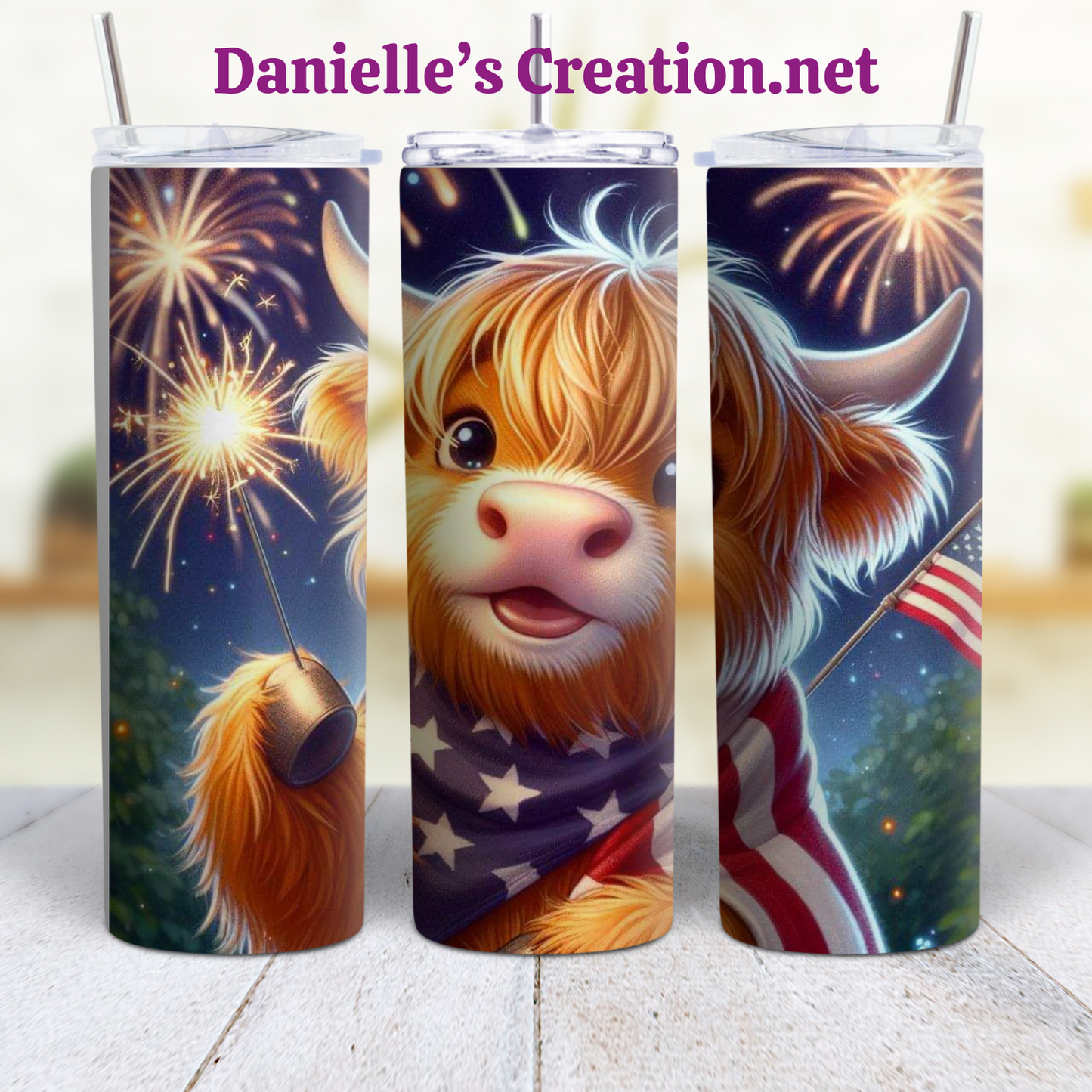 HIGHLAND COW 4 TH OF JULY 20 oz Custom Sublimation Tumbler Stainless Steel FIREWORKS, Flag, Independence Day