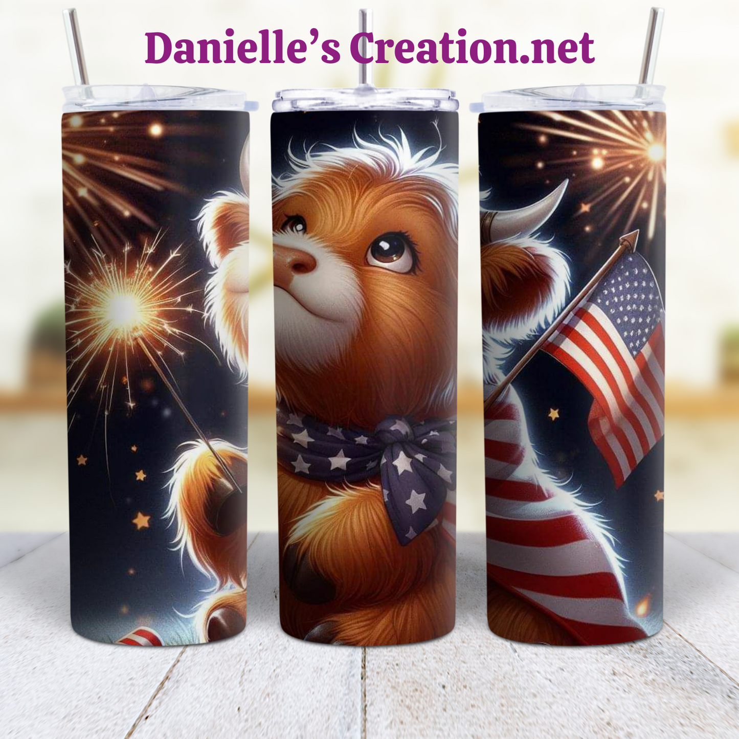 HIGHLAND COW 4 TH OF JULY 20 oz Custom Sublimation Tumbler Stainless Steel FIREWORKS, Flag, Independence Day