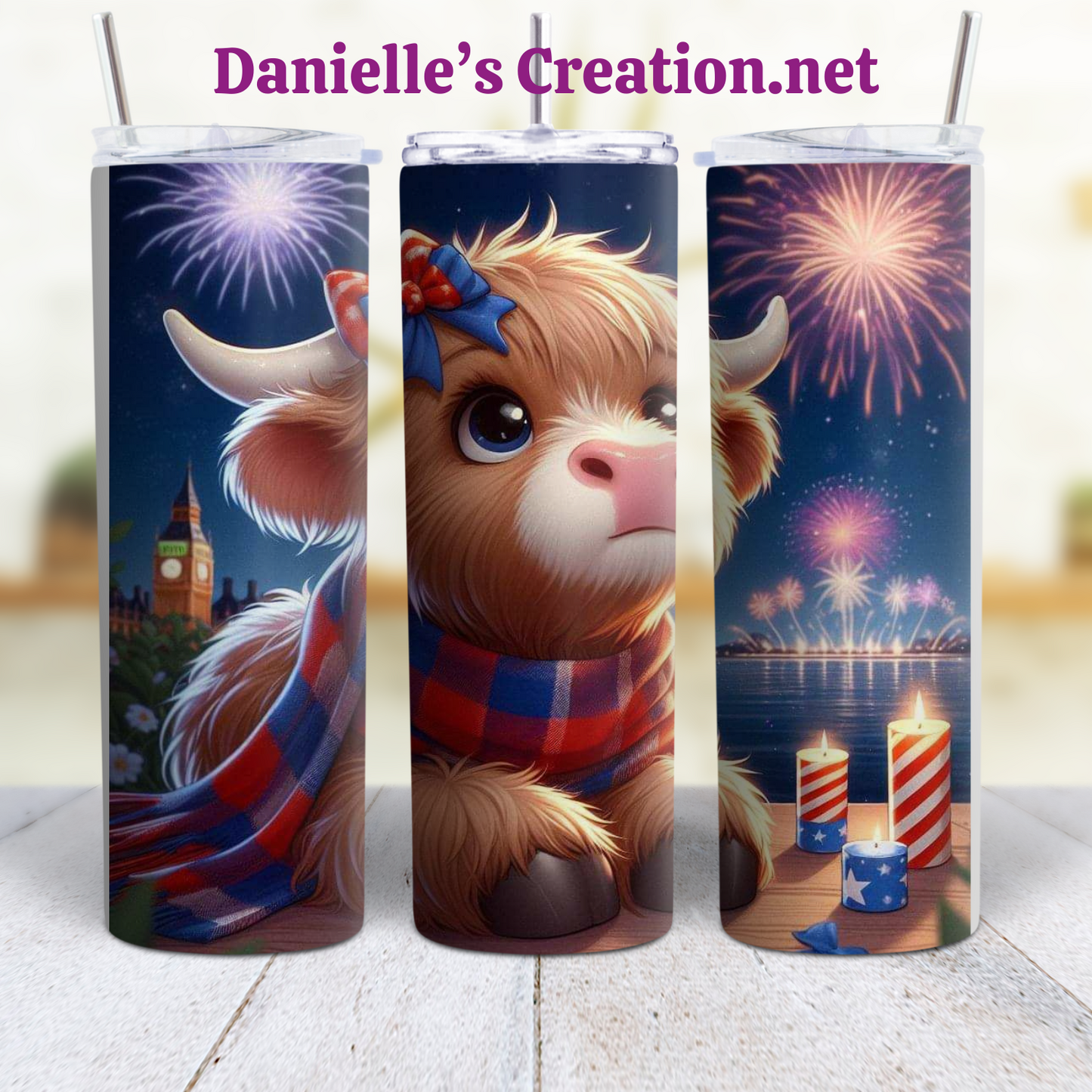 HIGHLAND COW 4 TH OF JULY 20 oz Custom Sublimation Tumbler Stainless Steel FIREWORKS, Flag, Independence Day