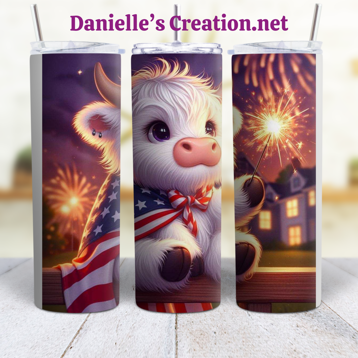 HIGHLAND COW 4 TH OF JULY 20 oz Custom Sublimation Tumbler Stainless Steel FIREWORKS, Flag, Independence Day