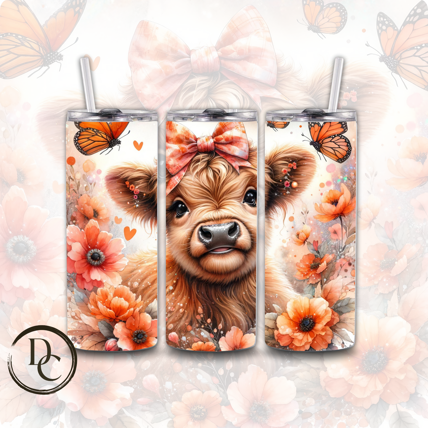 Floral HIGHLAND COW 20 oz Custom Sublimation Tumbler Stainless Steel #8