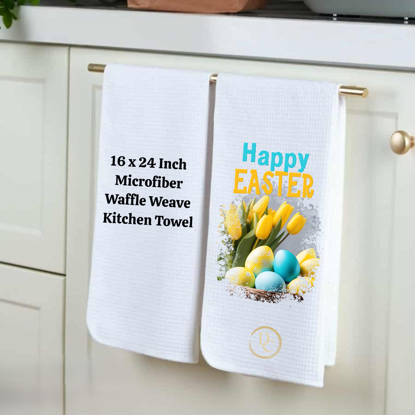 Two kitchen towels hanging on a rack, one with text and the other with an Easter design.