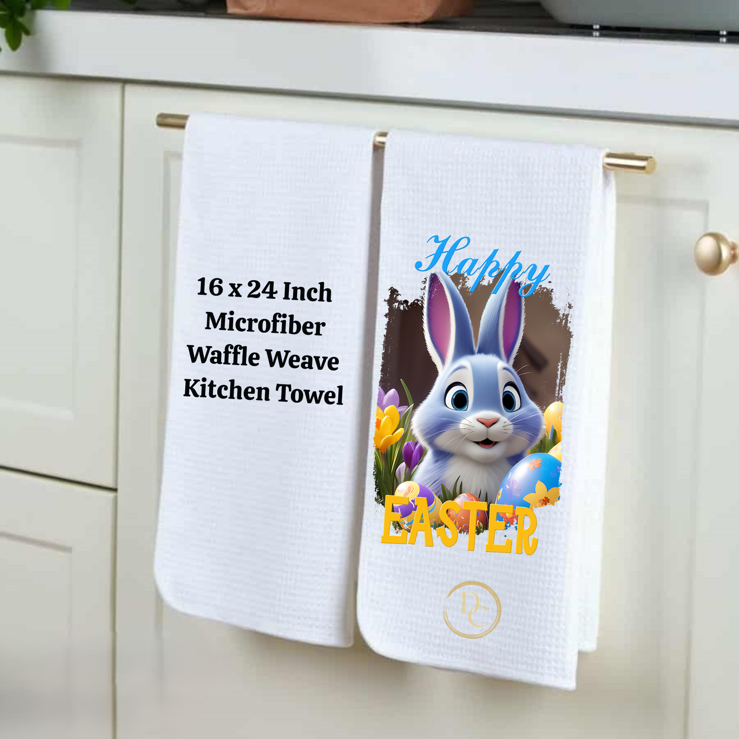 Happy Easter Bunny Eggs, Easter Kitchen Towel Microfiber Waffle Weave