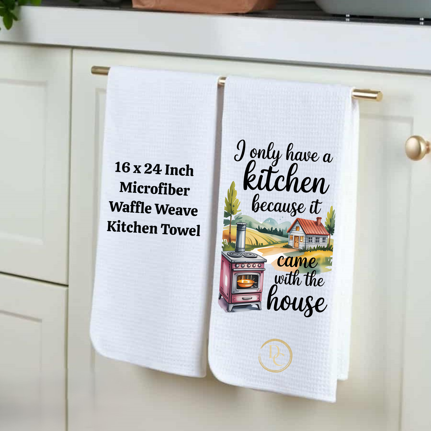 Two kitchen towels hanging on a rack with text and graphics.