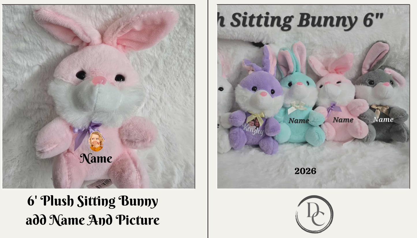 Plush sitting bunny with customizable name and picture on a white background