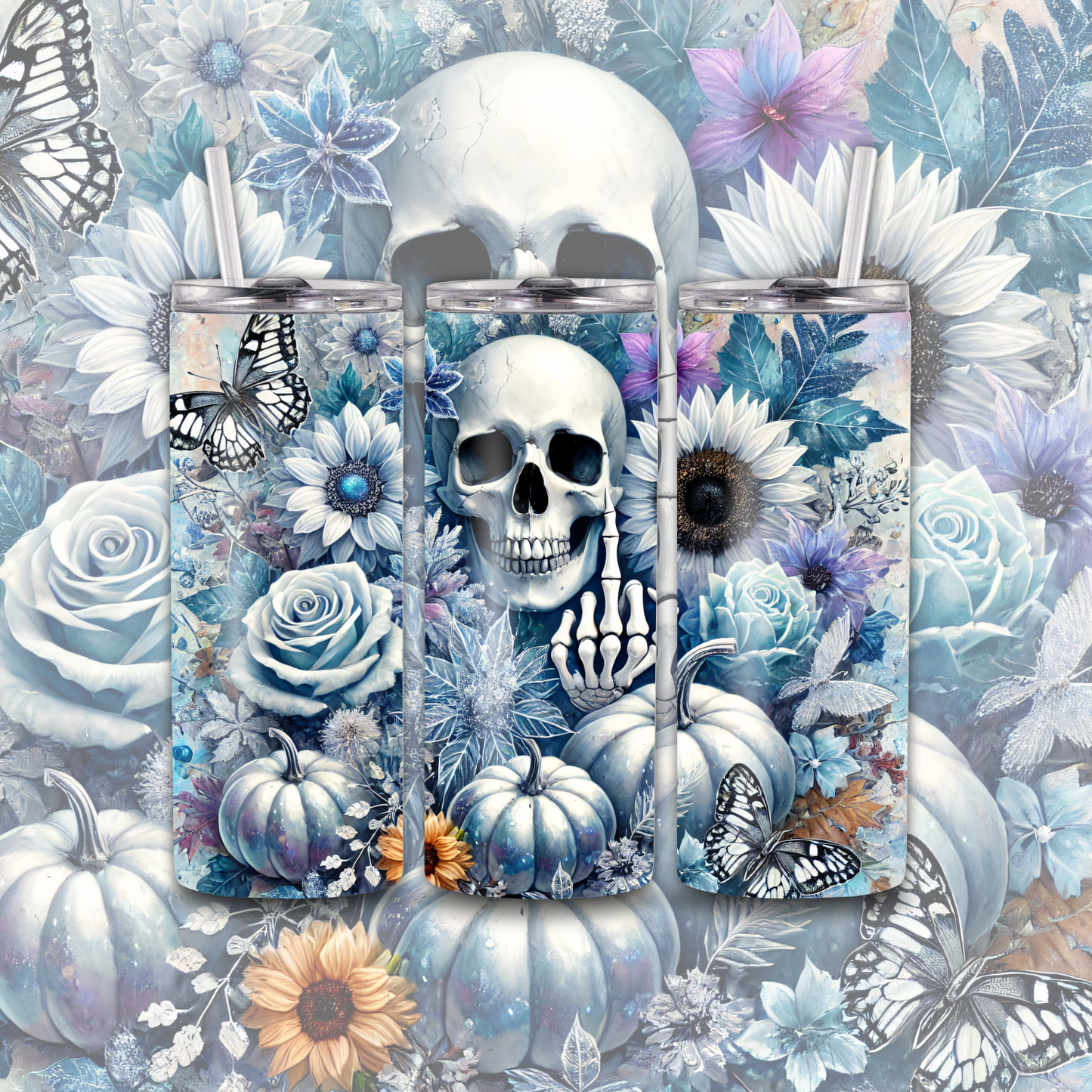 Skull Flower Sunflower 20 oz Custom Sublimation Tumbler Stainless Steel 16