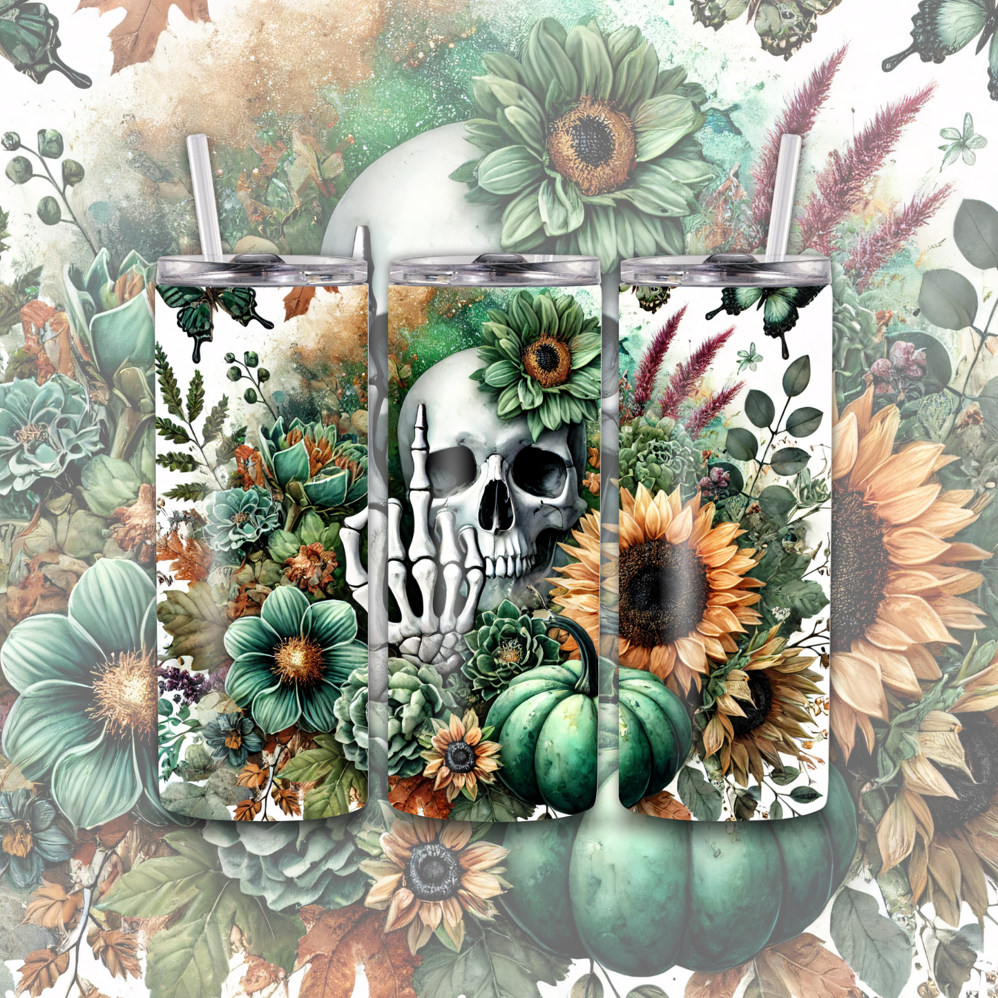 Skull Flower Sunflower 20 oz Custom Sublimation Tumbler Stainless Steel 16