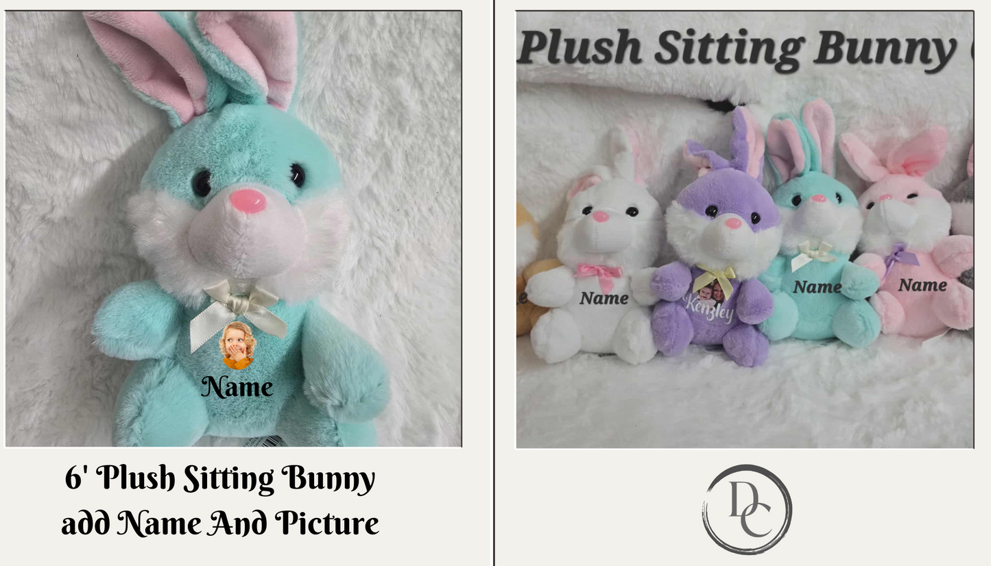 Plush sitting bunny with customizable name and picture on a white background