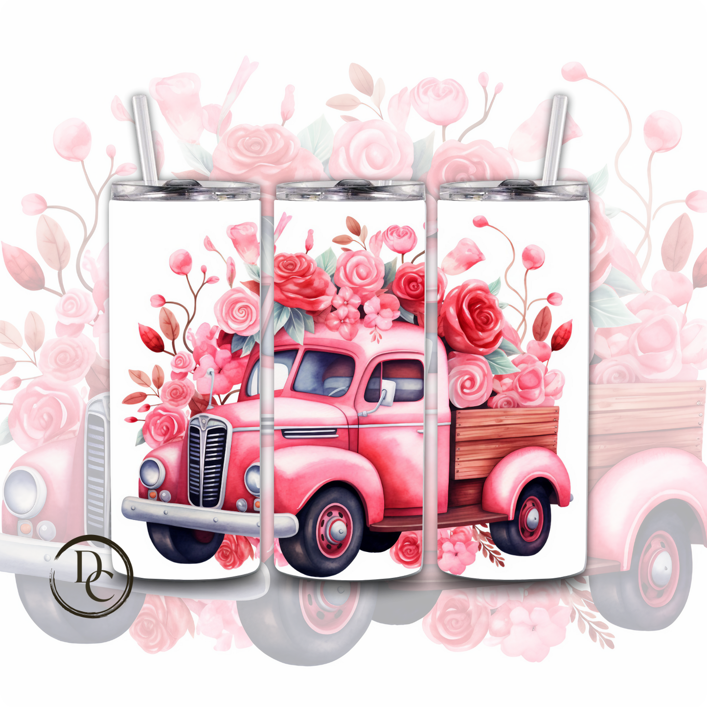 Pink Truck Flower Valentine 20 oz Custom Sublimation Tumbler