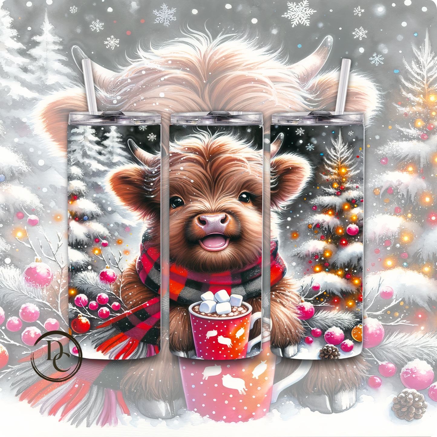 Christmas Highland Cow 20 oz Custom Sublimation Tumbler Stainless Steel 15