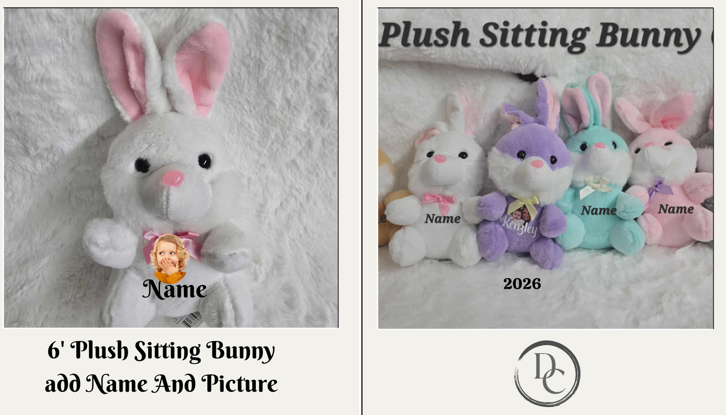 Plush sitting bunny with customizable name and picture on a gray background