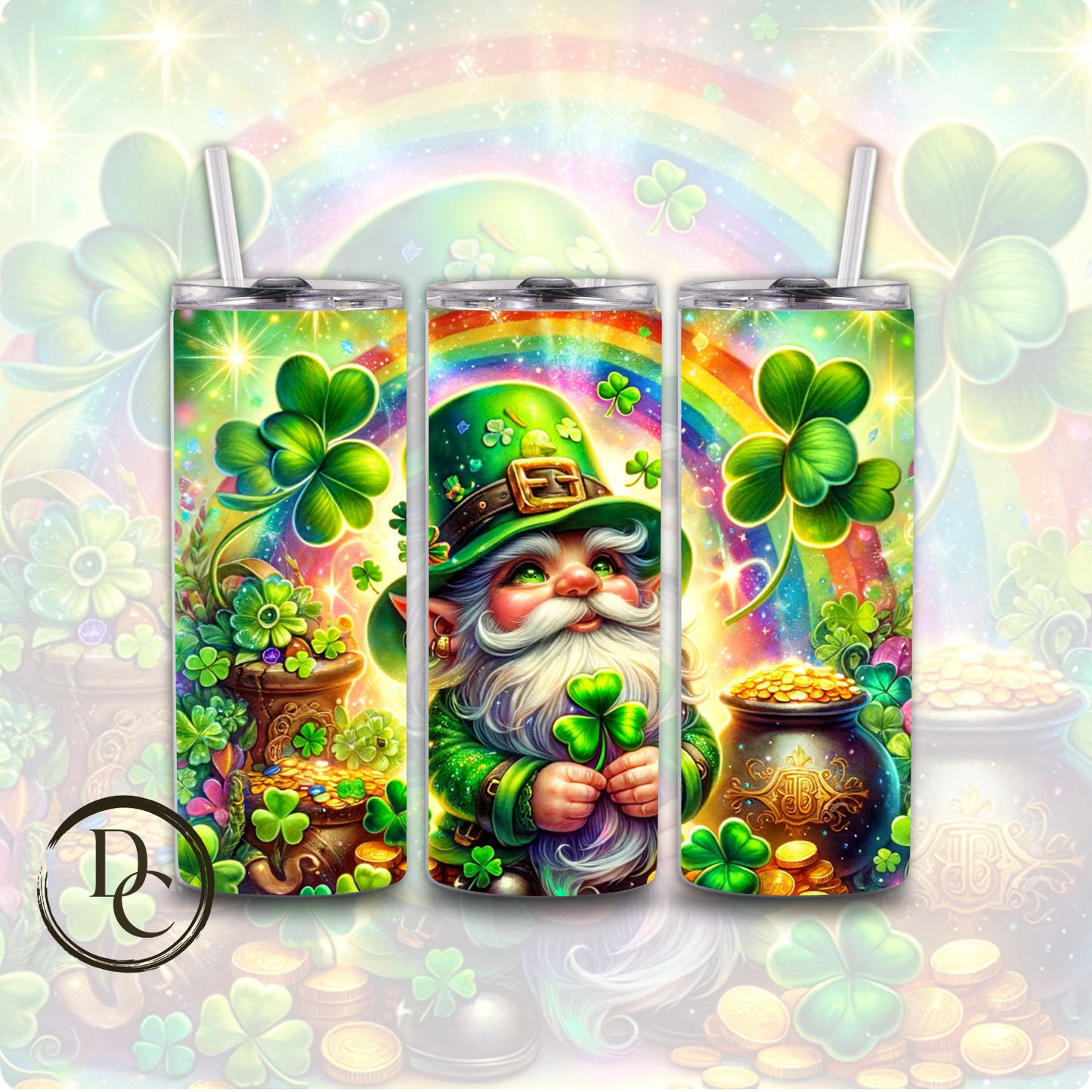 Gnomes St Patrick's Day Clover pot of Gold Rainbow 20 oz Custom Sublimation Tumbler Stainless Steel Insulated