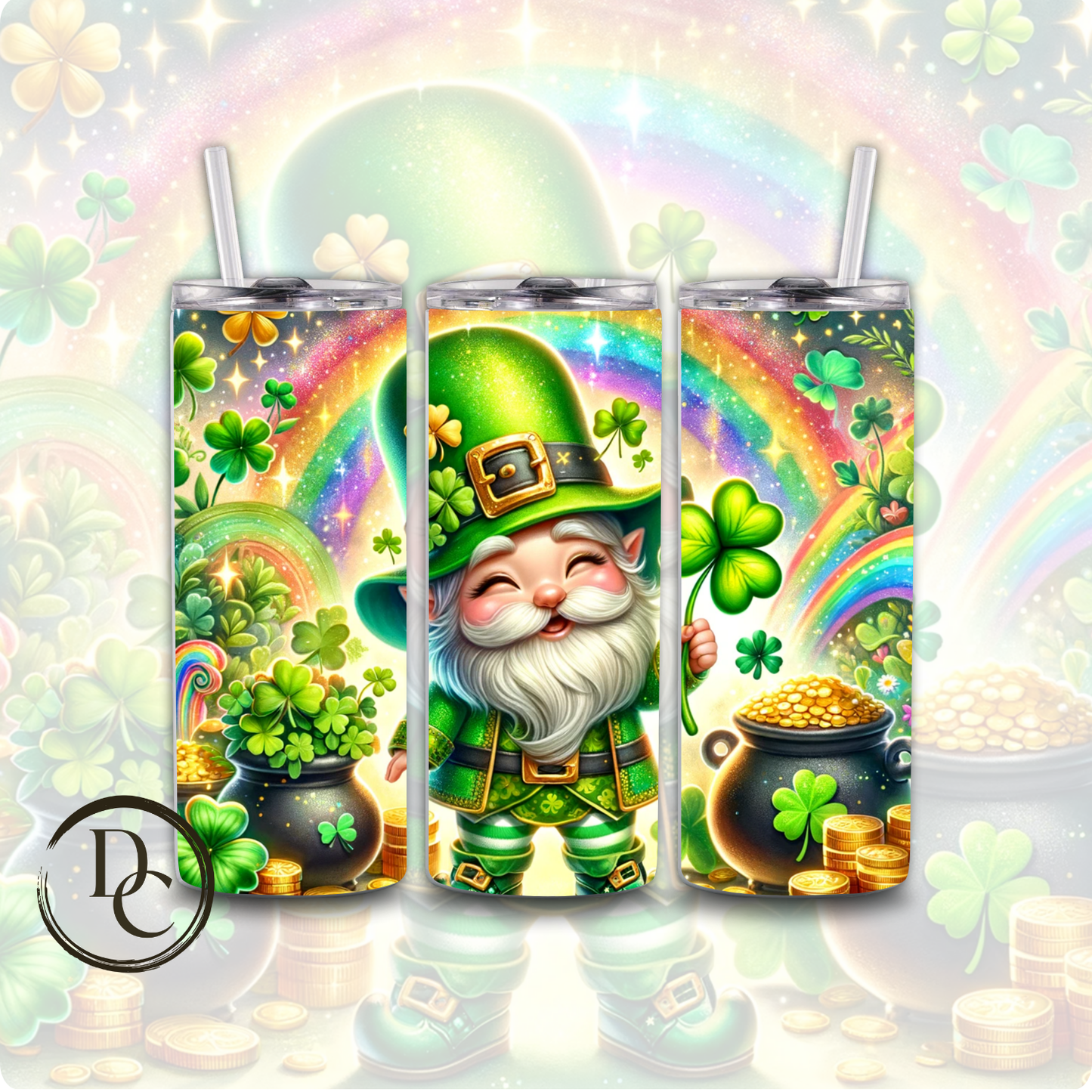Gnomes St Patrick's Day Clover pot of Gold 20 oz Custom Sublimation Tumbler Stainless Steel Insulated