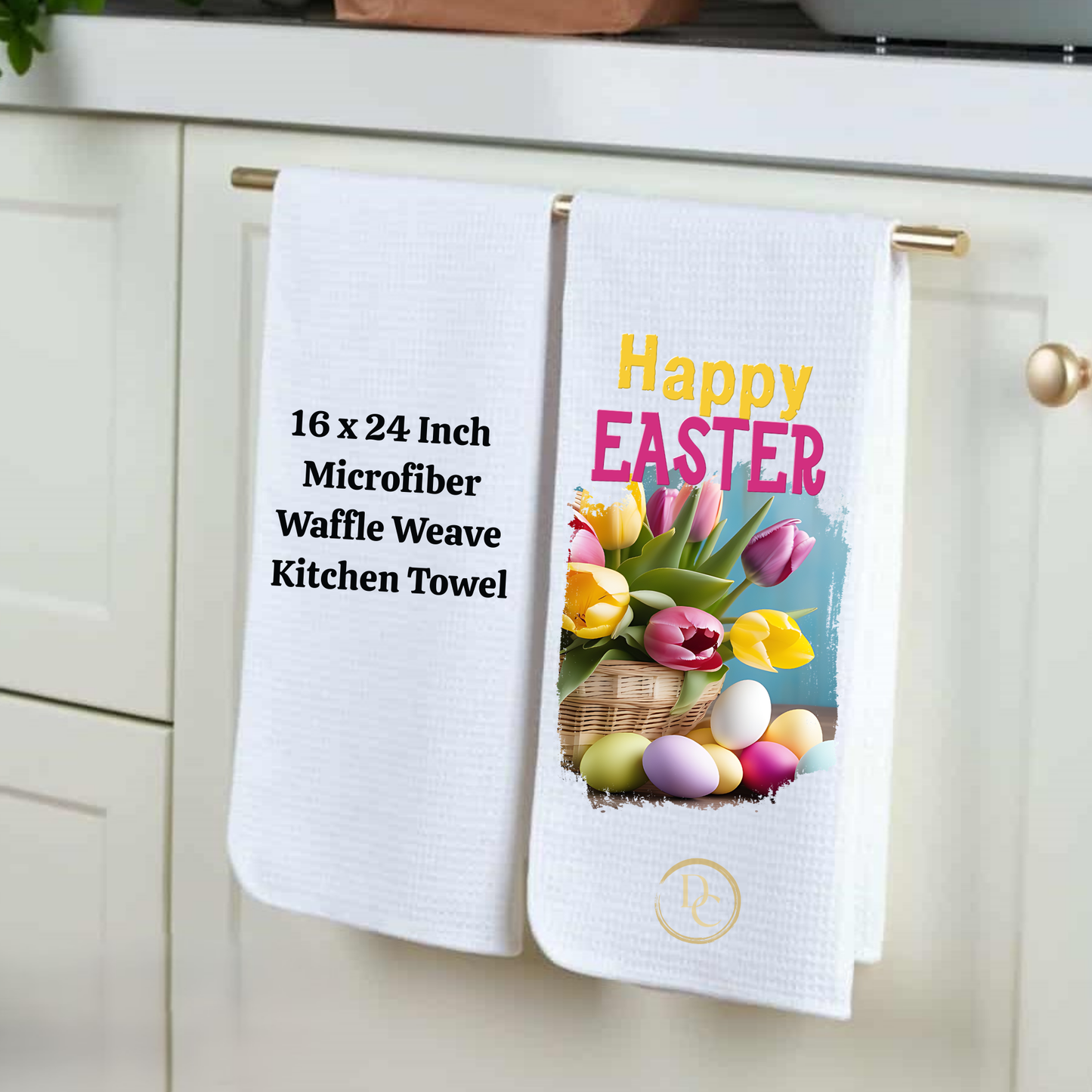 Happy Easter White bunny in basket eggs, Easter Kitchen Towel Microfiber Waffle Weave