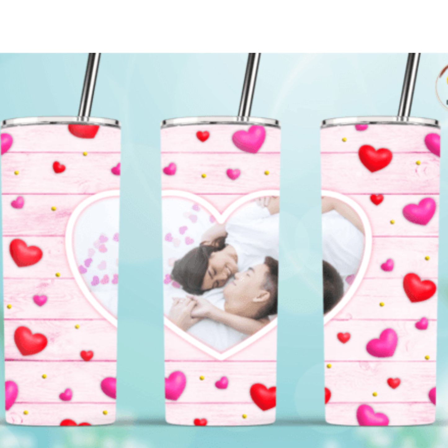 tumblers with heart patterns and a couple in a heart shape on a light blue background