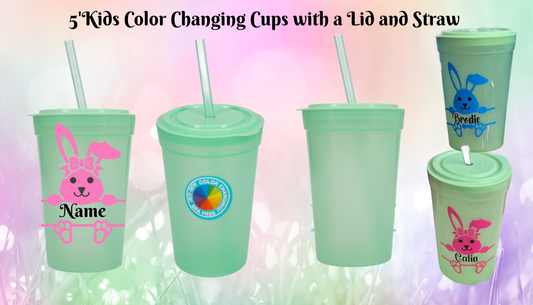 5" Green Kids Color Changing Cup with Lid and Straw — Personalized Easter Bunny