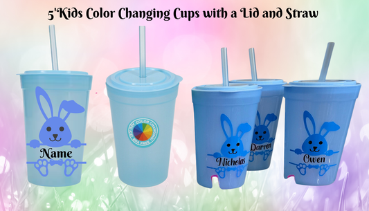 5" Blue Kids Color Changing Cup with Lid and Straw — Personalized Easter Bunny