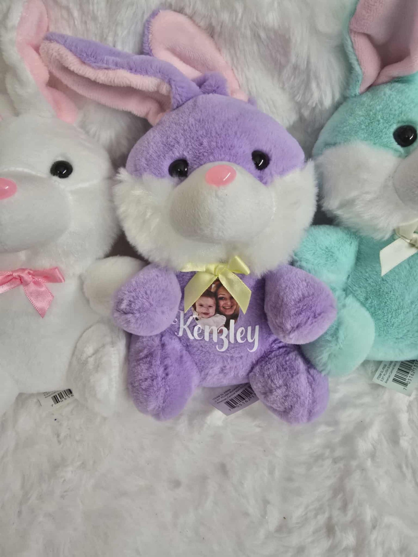 6" Mint Plush Sitting Bunny Custom Photo & Name, Personalized Keepsake Gift