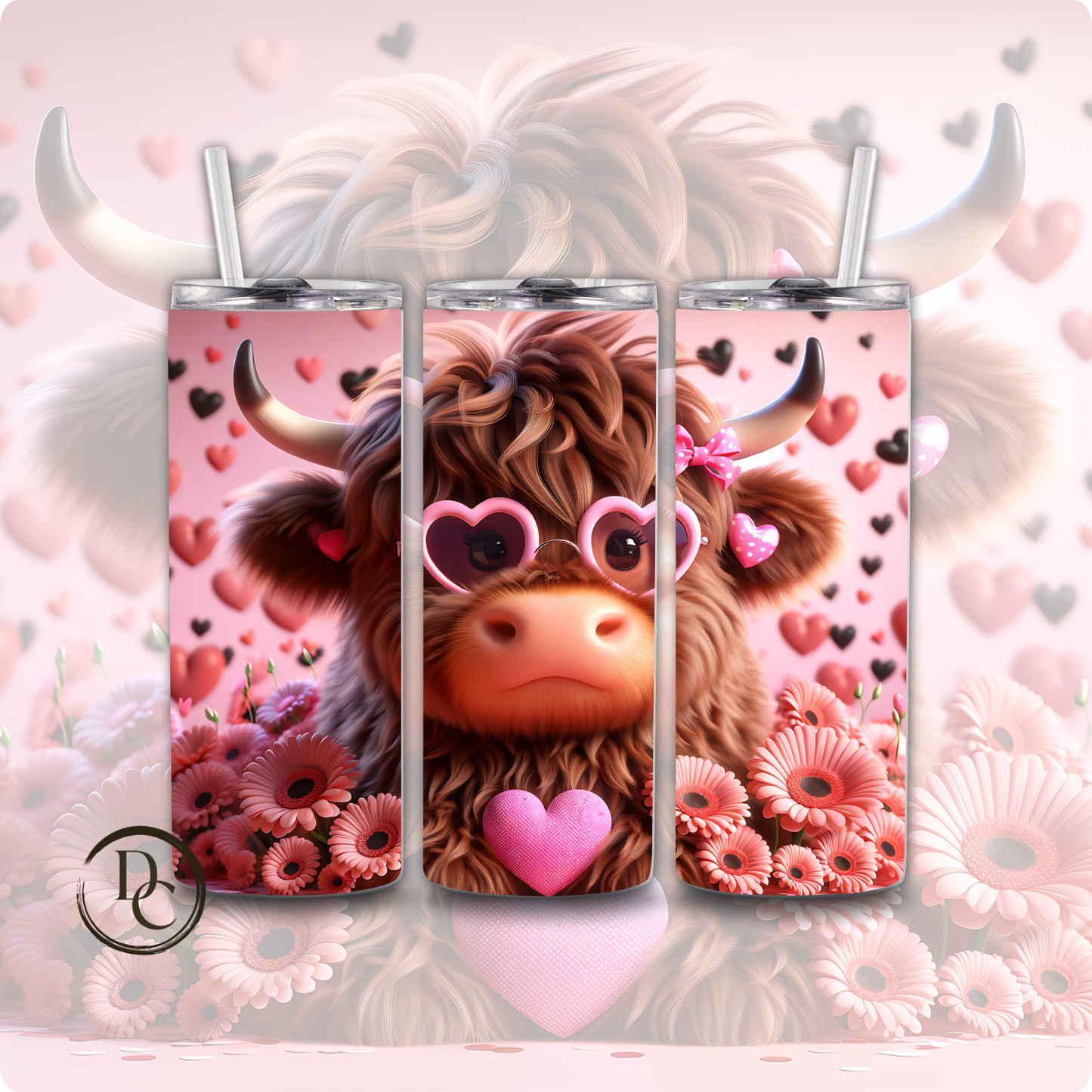 Valentines Highland Cow 3D 20 oz Stainless Steel Custom Sublimation Tumbler 8