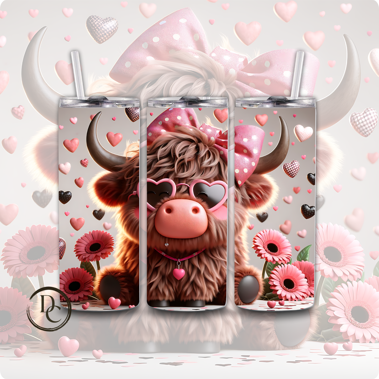 Valentines Highland Cow 3D 20 oz Stainless Steel Custom Sublimation Tumbler 8