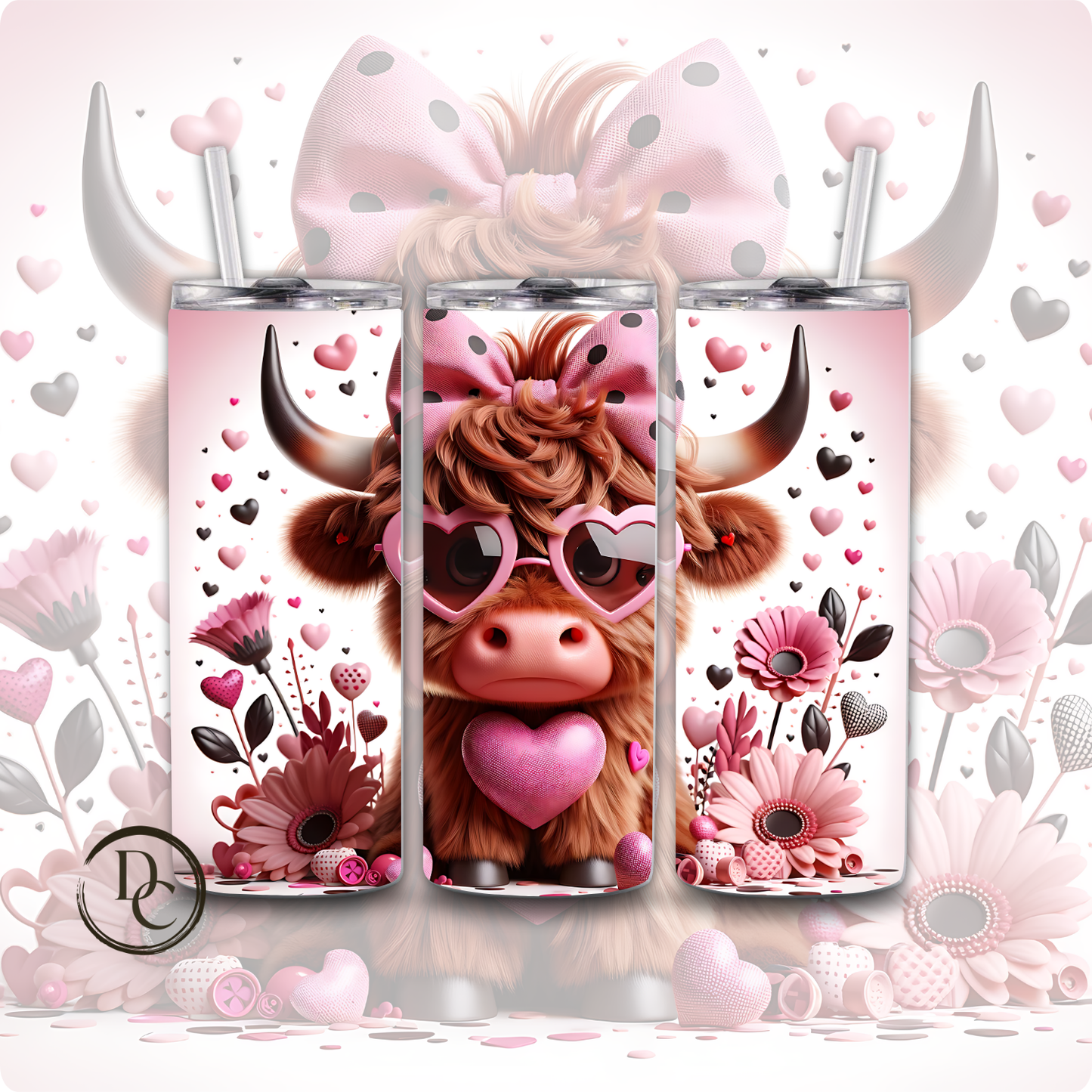 Valentines Highland Cow 3D 20 oz Stainless Steel Custom Sublimation Tumbler 8