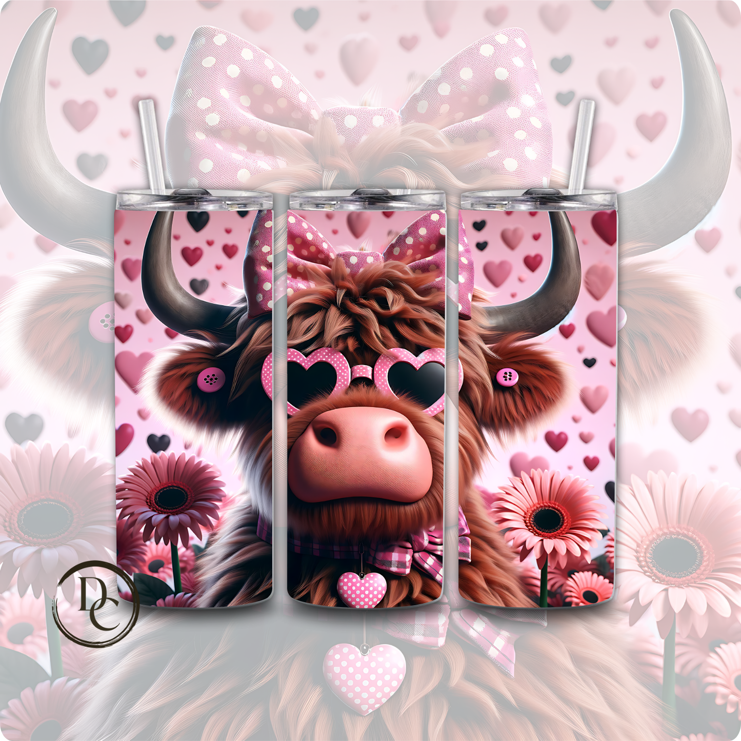Valentines Highland Cow 3D 20 oz Stainless Steel Custom Sublimation Tumbler 8