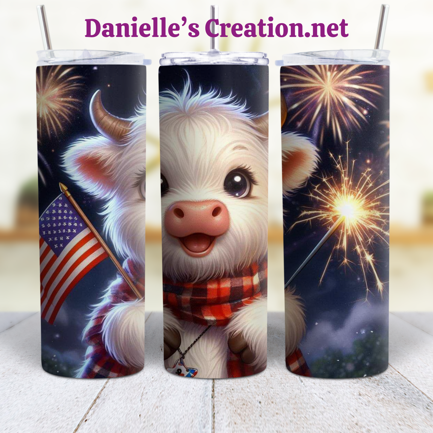 HIGHLAND COW 4 TH OF JULY 20 oz Custom Sublimation Tumbler Stainless Steel FIREWORKS, Flag Independence Day