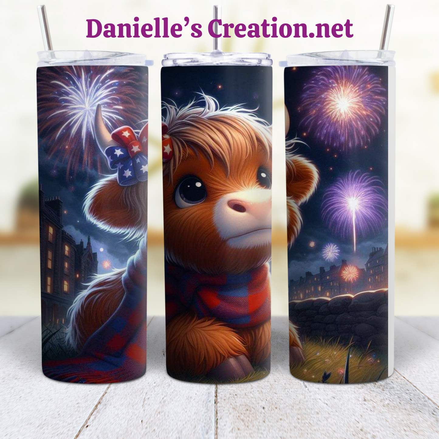 HIGHLAND COW 4 TH OF JULY 20 oz Custom Sublimation Tumbler Stainless Steel FIREWORKS, Flag Independence Day