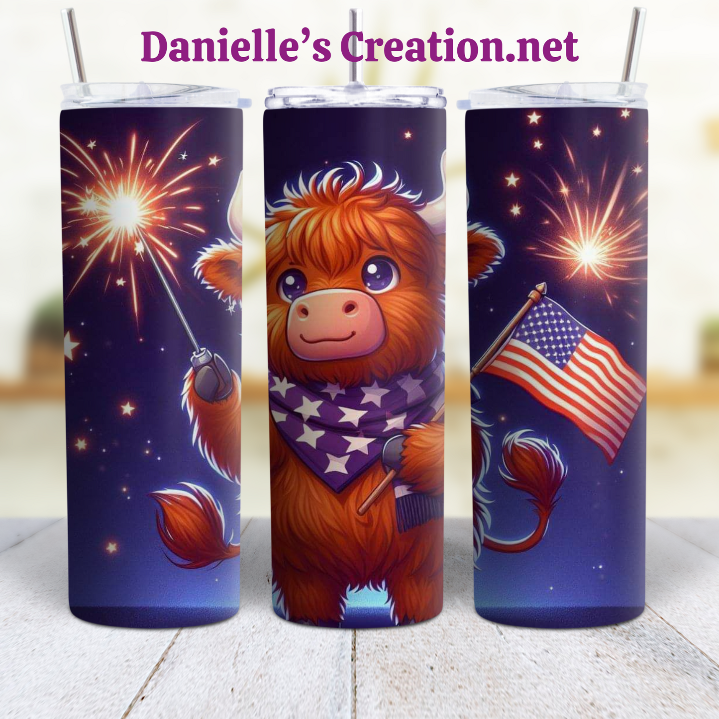 HIGHLAND COW 4 TH OF JULY 20 oz Custom Sublimation Tumbler Stainless Steel FIREWORKS, Flag Independence Day