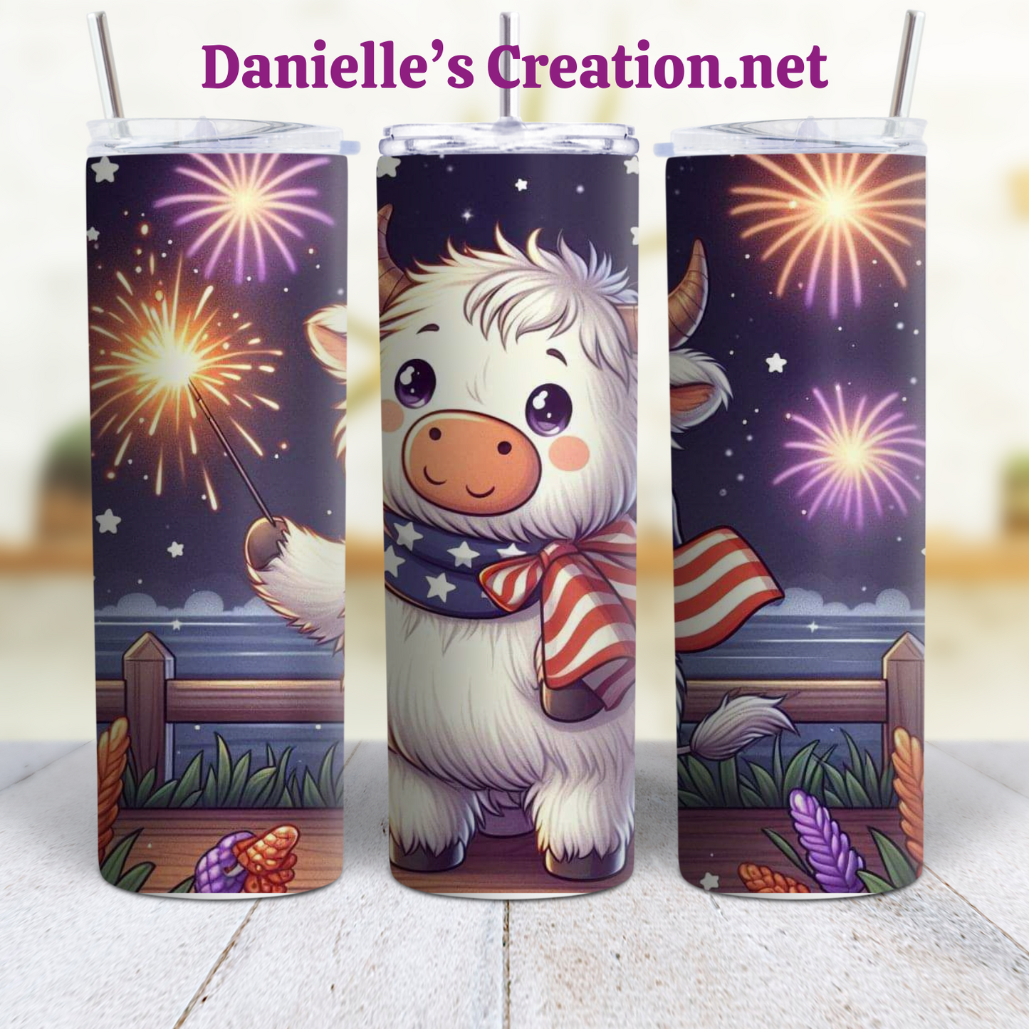 HIGHLAND COW 4 TH OF JULY 20 oz Custom Sublimation Tumbler Stainless Steel FIREWORKS, Flag Independence Day