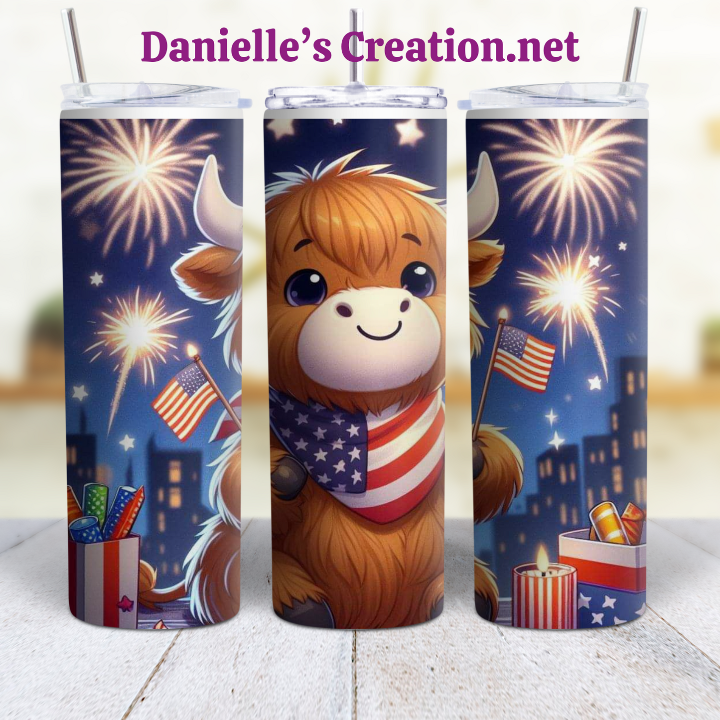 HIGHLAND COW 4 TH OF JULY 20 oz Custom Sublimation Tumbler Stainless Steel FIREWORKS, Flag Independence Day