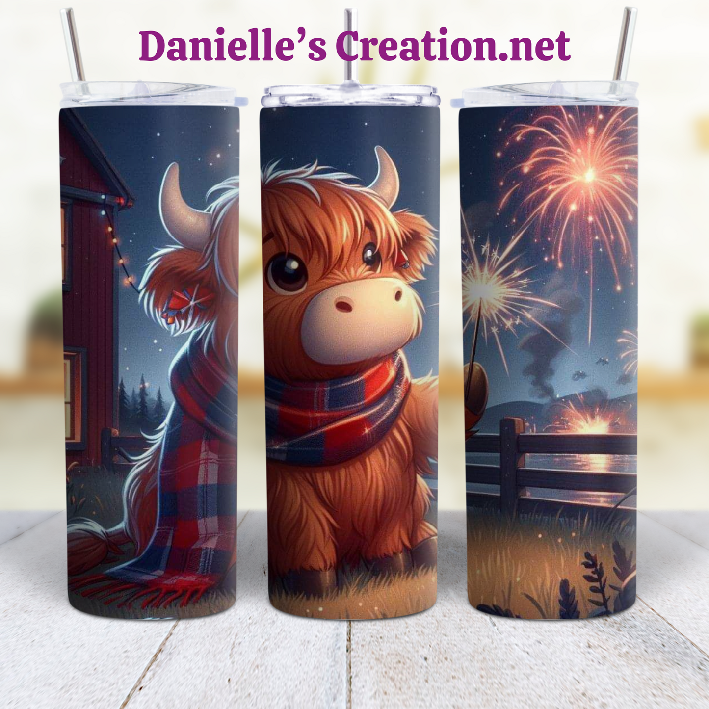 HIGHLAND COW 4 TH OF JULY 20 oz Custom Sublimation Tumbler Stainless Steel FIREWORKS, Flag Independence Day