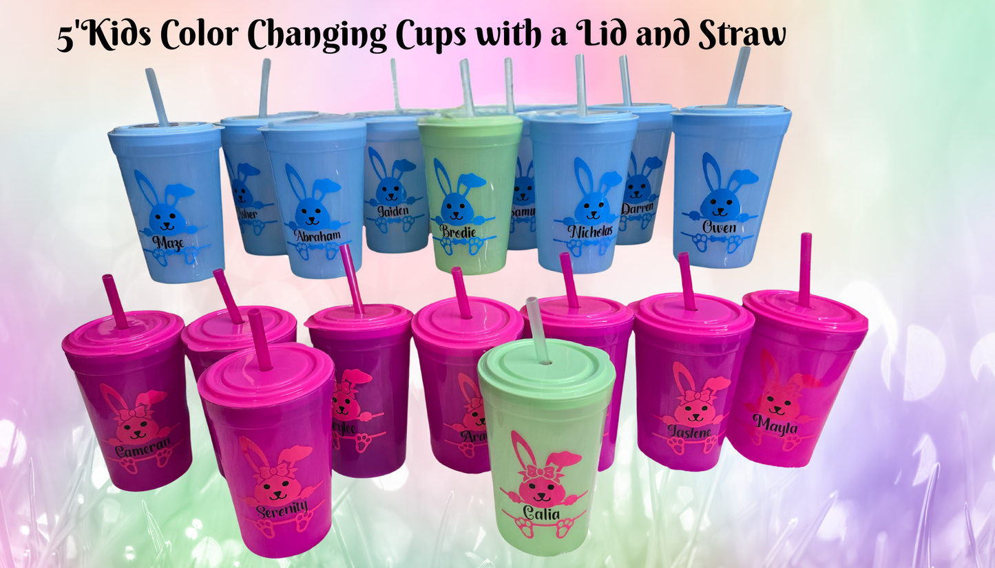 5" Blue Kids Color Changing Cup with Lid and Straw — Personalized Easter Bunny