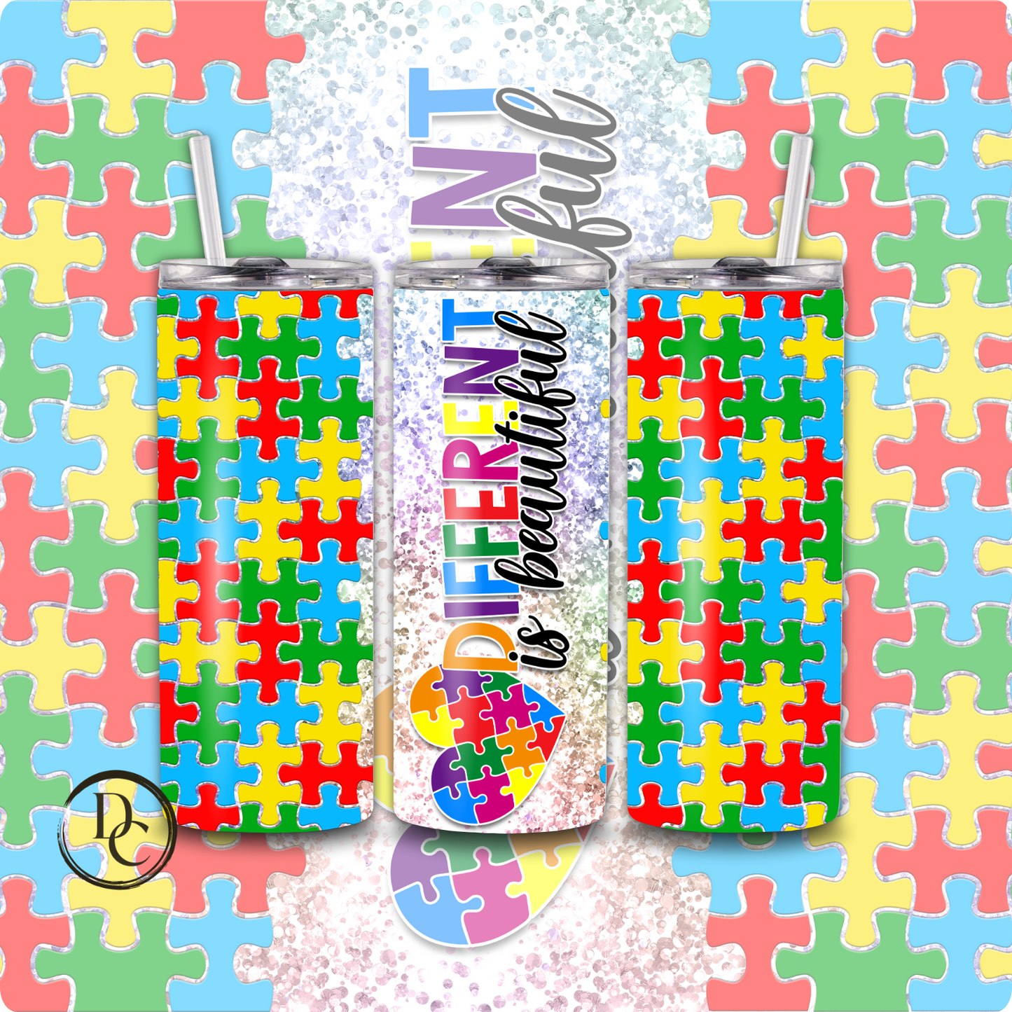 Autism Heart Rainbow Ribbon 20 oz Custom Sublimation Tumbler Stainless Steel 2