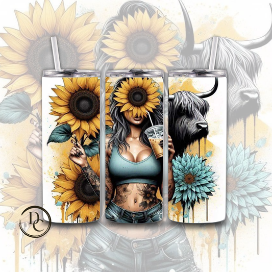 Sunflower, Coffee, Cow Tattoo 20 oz Custom Sublimation Tumbler Stainless Steel 3