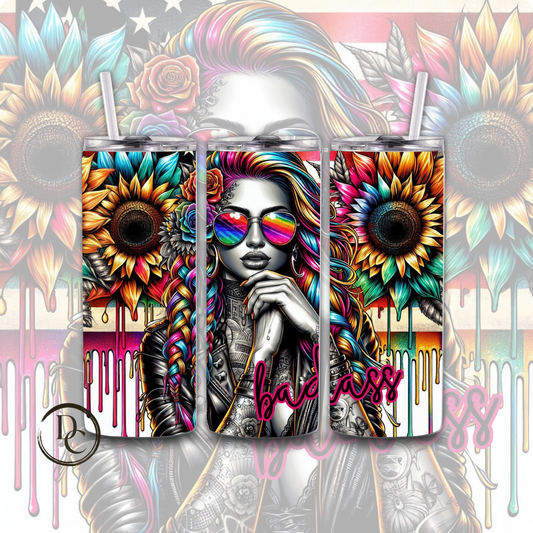 Badass Sunflower Tattoo Rainbow Affirmation Sarcasm 20 oz Custom Sublimation Tumbler Stainless Steel 7