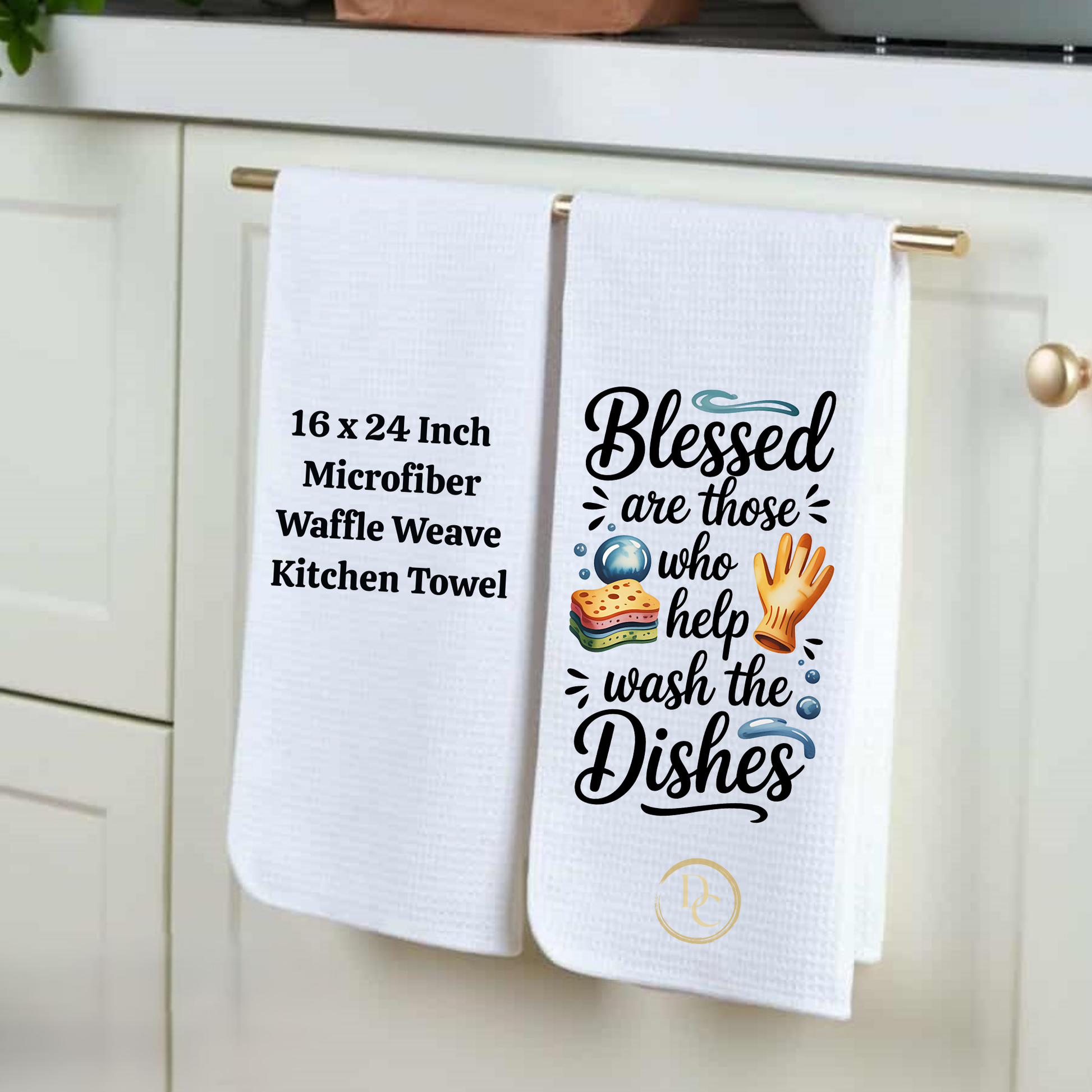 Two white kitchen towels hanging on a rack with text and graphics.