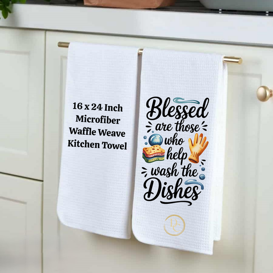 Two white kitchen towels hanging on a rack with text and graphics.