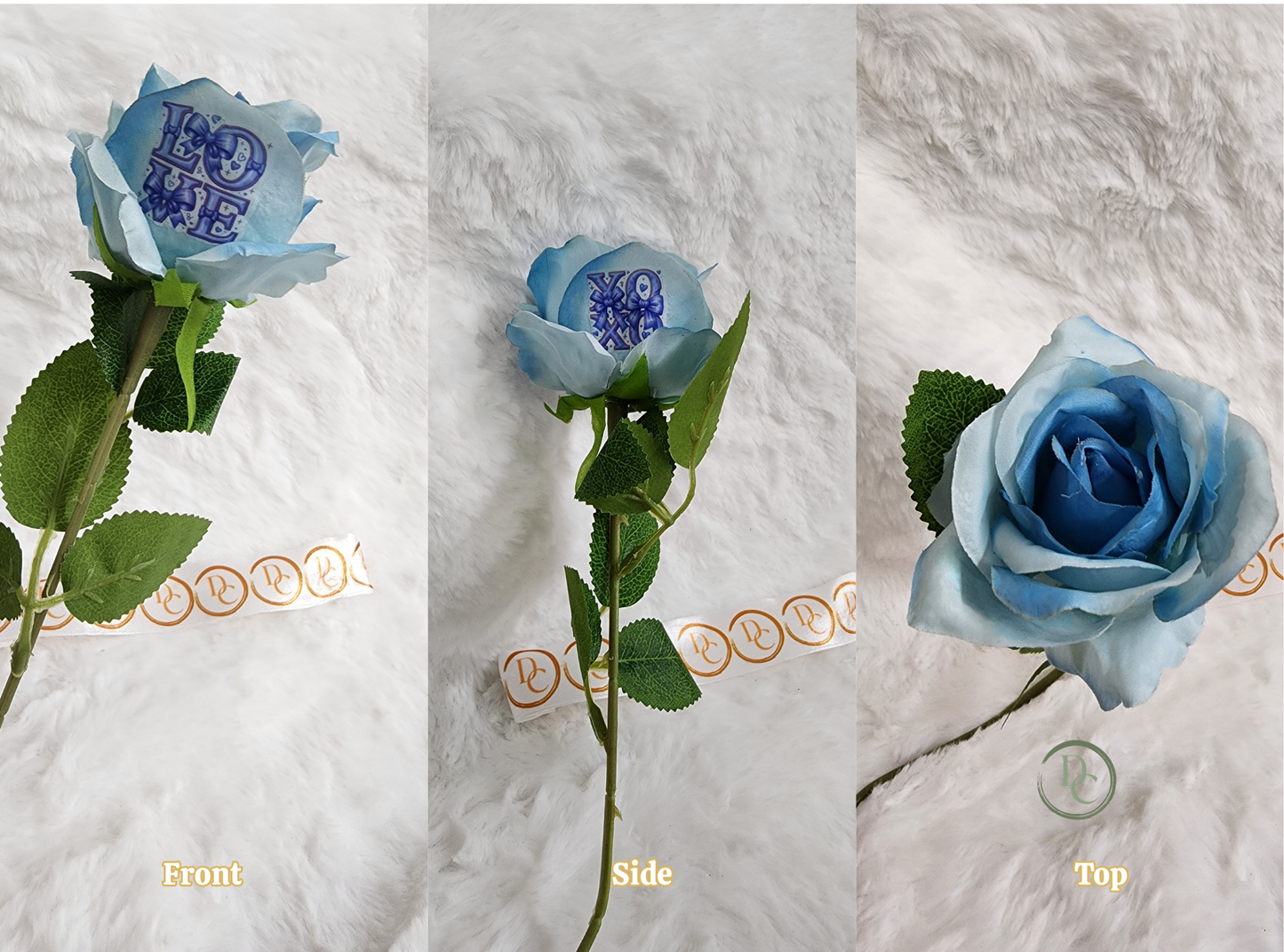 Blue rose with green leaves on a textured white background