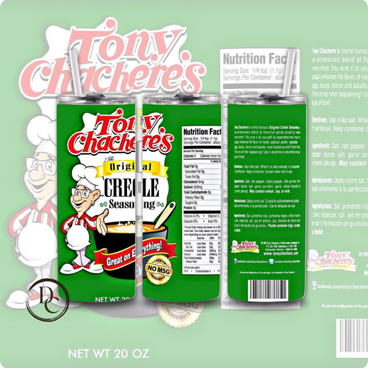 Tony Chachere's Seasoning Cajun Seasoning 20 oz Custom Sublimation Tumbler Stainless Steel Zatarain's Crab Boil, Tabasco, Slap Ya Mama, Old Bay
