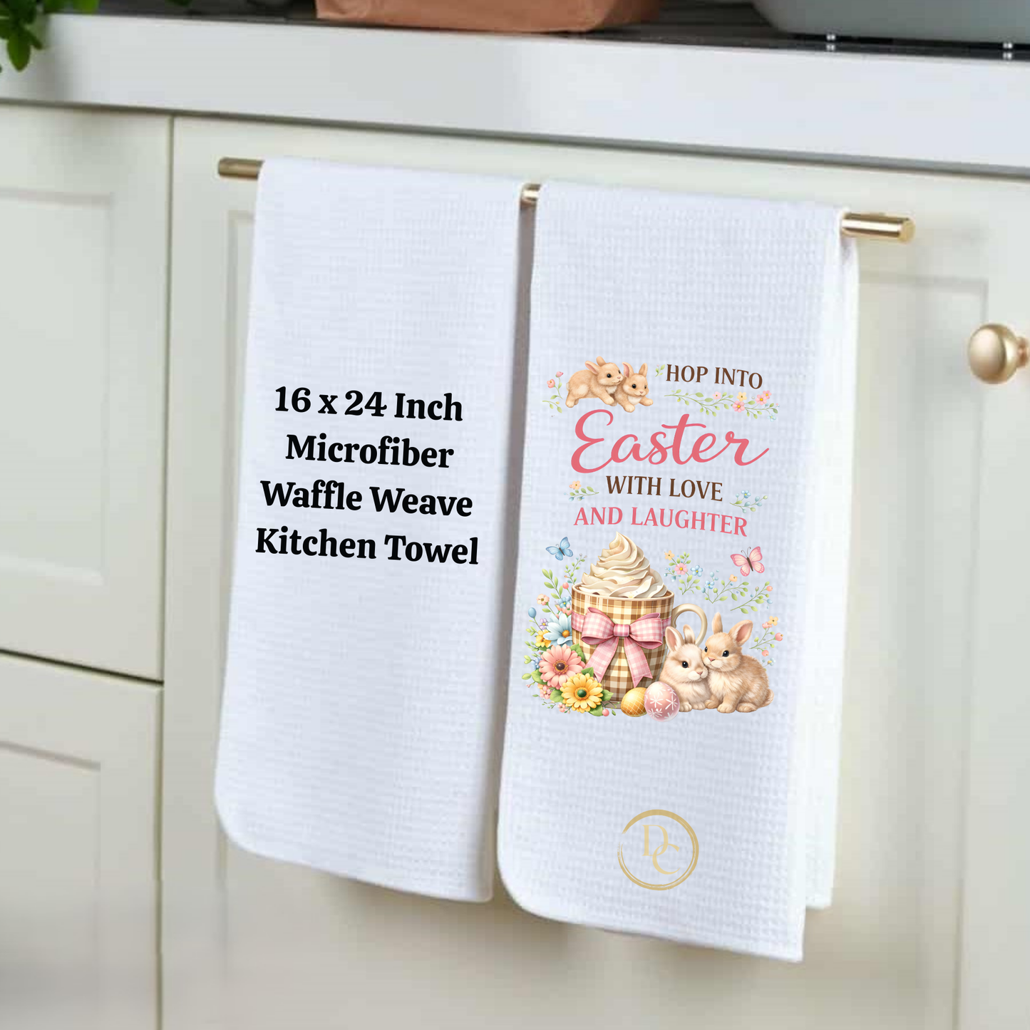 Hop Into Easter with love and laughter, Easter Kitchen Towel Microfiber Waffle Weave
