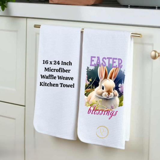 Easter Blessings Tan bunny, Easter Kitchen Towel Microfiber Waffle Weave