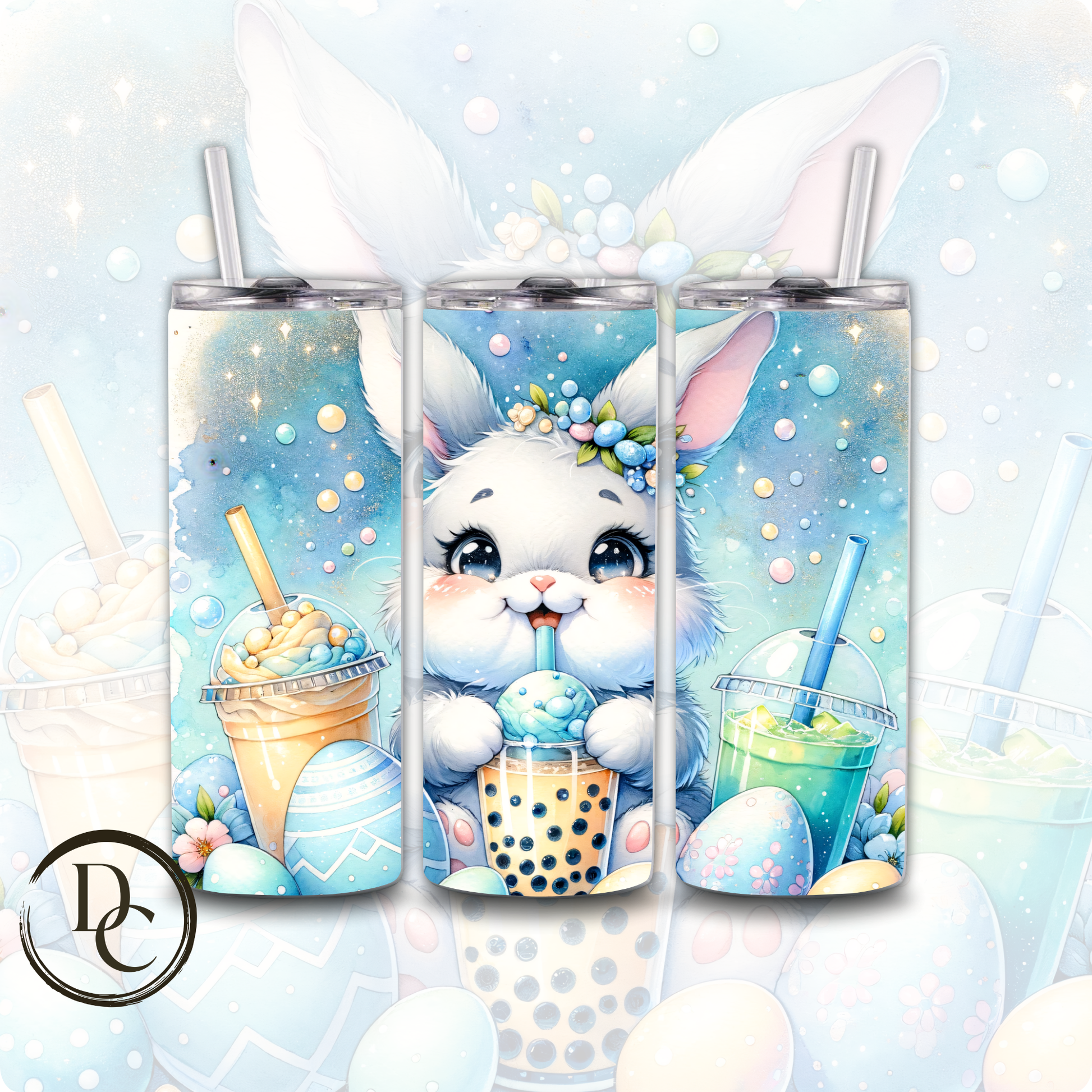Easter Bunny Bubble Tea Festive Holiday Decorated Eggs 20 oz Custom Sublimation Tumbler Stainless Steel Insulated