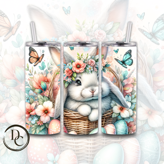 Easter Bunny In Basket Cute Floral Festive Holiday 20 oz Custom Sublimation Tumbler Stainless Steel Insulated 