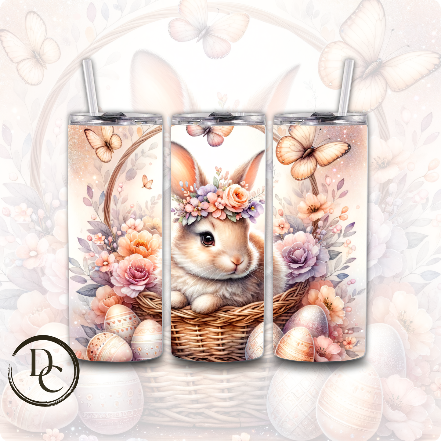 Easter Bunny In Basket Cute Floral Festive Holiday 20 oz Custom Sublimation Tumbler Stainless Steel Insulated 